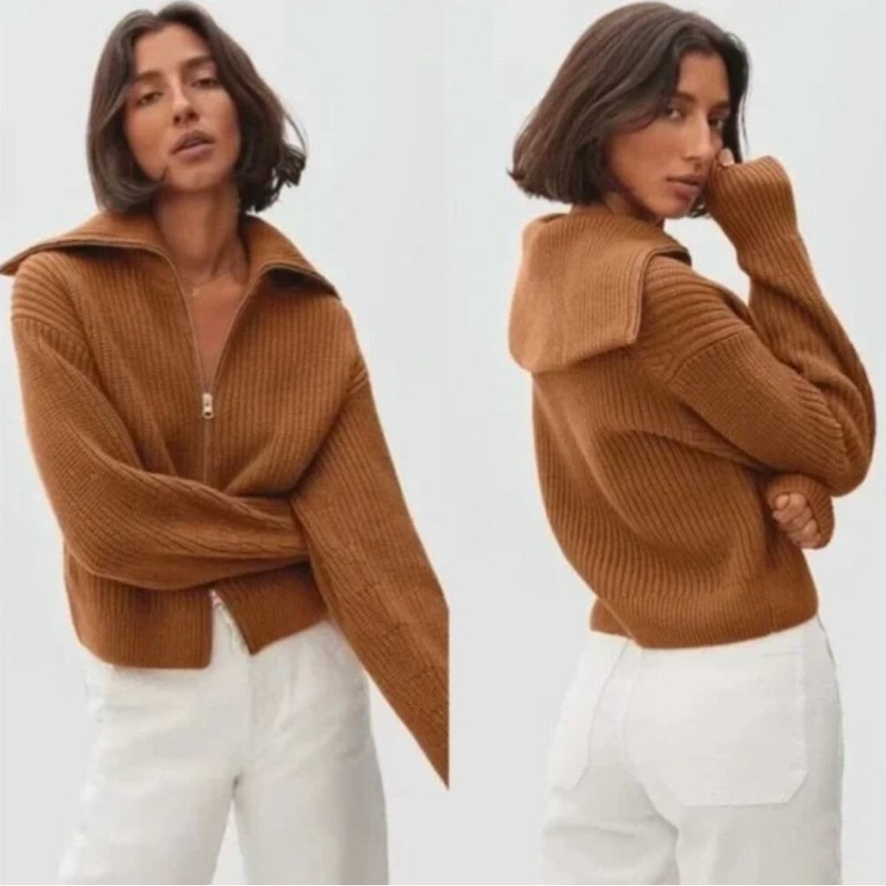 Everlane Women's Ribbed Knit Full Zip Chunky Collar Size Small, Toasted Almond
